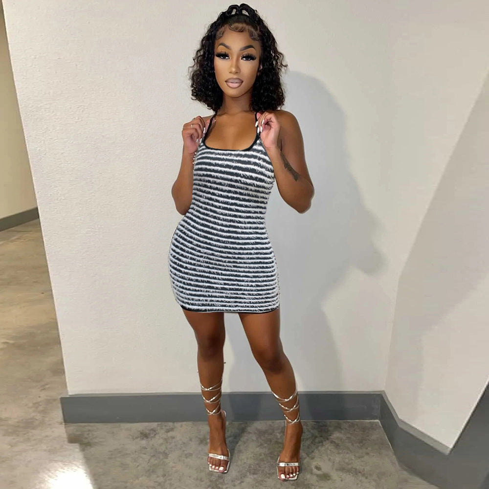 Women Clothing Sexy Slim Strap Contrast Color Sheath Dress Bella Mia